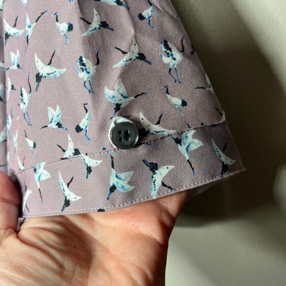 7Diamonds Shirt 4 Way Stretch Lavender Bird Print Short Sleeve Preppy Dressy S - Picture 3 of 7